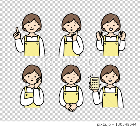 エプロンをつけた主婦の表情イラストセット 130348644