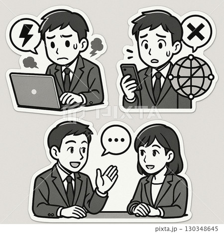 モノクロのビジネスシーンイラストセット 130348645