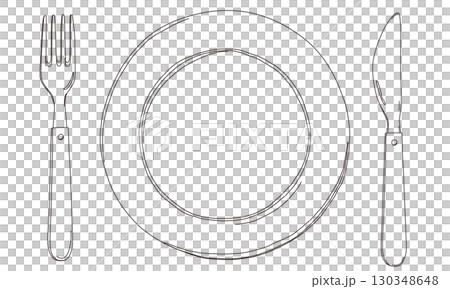 Plate and cutlery hand drawn line art illustration Plate and cutlery hand drawn line art illustration 130348648