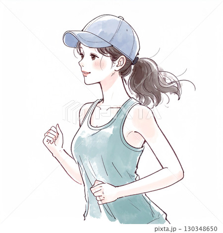 水彩画・手描き風のランニングをする女性・女の子のイラスト素材 水彩画・手描き風のランニングをする女性・女の子のイラスト素材 130348650