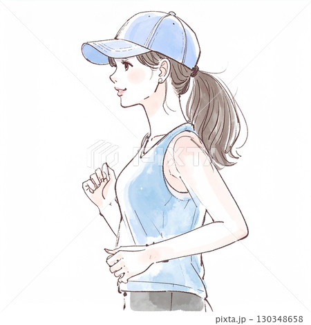 水彩画・手描き風のランニングをする女性・女の子のイラスト素材 水彩画・手描き風のランニングをする女性・女の子のイラスト素材 130348658