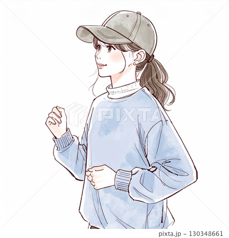 水彩画・手描き風のランニングをする女性・女の子のイラスト素材 130348661