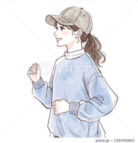 水彩画・手描き風のランニングをする女性・女の子のイラスト素材 130348663