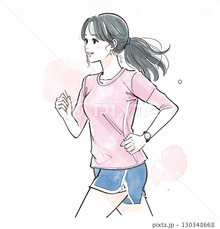 水彩画・手描き風のランニングをする女性・女の子のイラスト素材 130348668