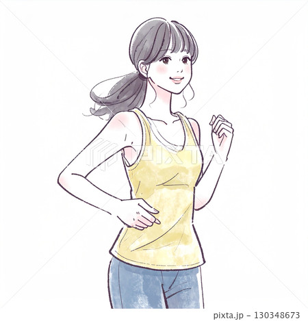水彩画・手描き風のランニングをする女性・女の子のイラスト素材 130348673