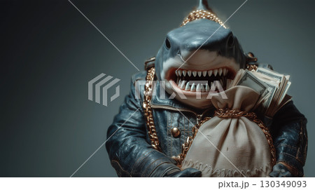 Shark wearing leather jacket and gold chain holds money bag, fierce expression, humorous concept, studio lighting 130349093