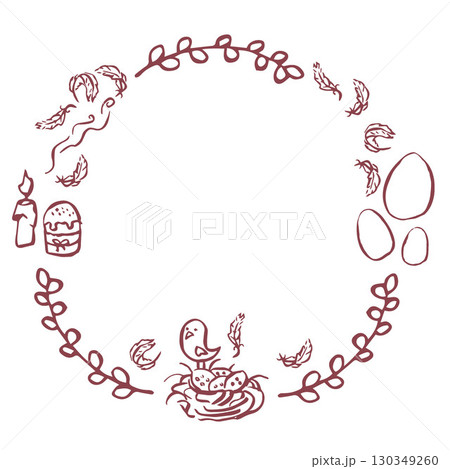 Cute frame, wreath with Easter eggs in cherry color Cute frame, wreath with Easter eggs in cherry color 130349260