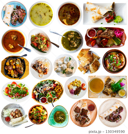 Set of Georgian cuisine dishes isolated on white background 130349590
