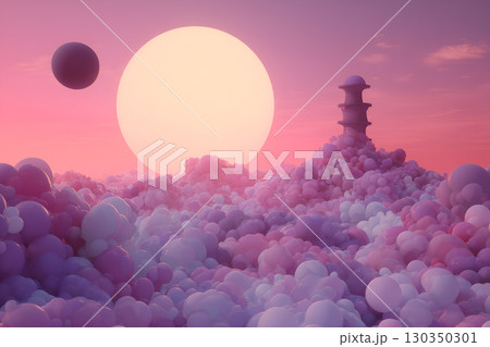 Surreal Pastel Landscape with Spheres and Glowing Sun 130350301