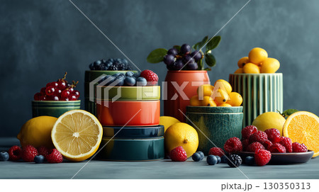 Vibrant fruits and colorful bowls in modern still life 130350313