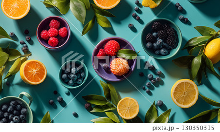 Vibrant citrus and berries on teal background 130350315