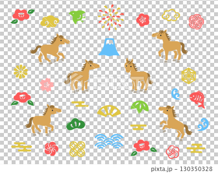 Japanese style New Year icon and horse illustration set Japanese style New Year icon and horse illustration set 130350328