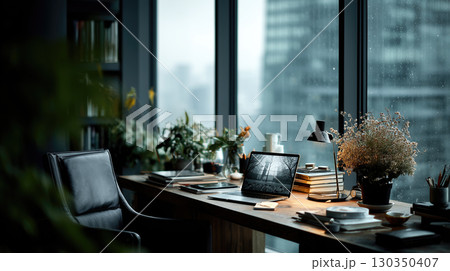 Modern office desk with view of cityscape 130350407