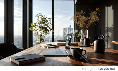 Modern office with walnut desk and city view 130350408