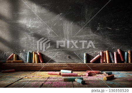 Colorful chalks on wooden floor by chalkboard Colorful chalks on wooden floor by chalkboard 130350520