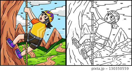 Bouldering Girl Looking Down Climb Illustration 130350559