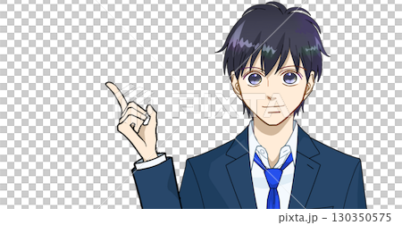 Anime-style illustration of a high school or junior high school boy pointing and explaining, white background Anime-style illustration of a high school or junior high school boy pointing and explaining, white background 130350575