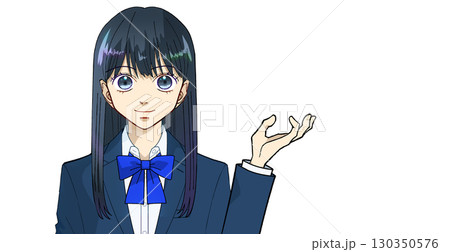 説明、案内、紹介をしている高校生または中学生の女の子のアニメ風イラスト、白バック 130350576