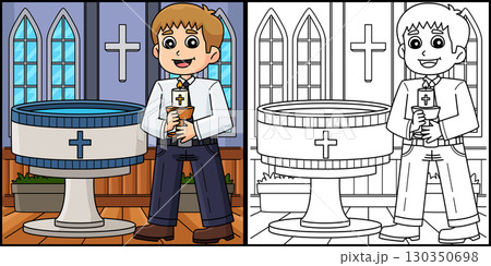 Baptism with Godparent Coloring Page Illustration  130350698