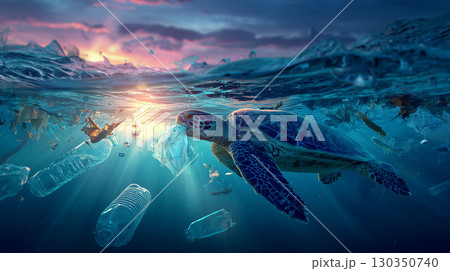 Sea turtle swimming amid ocean pollution at sunset 130350740