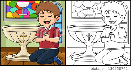 Baptism Boy Praying Coloring Page Illustration  130350742