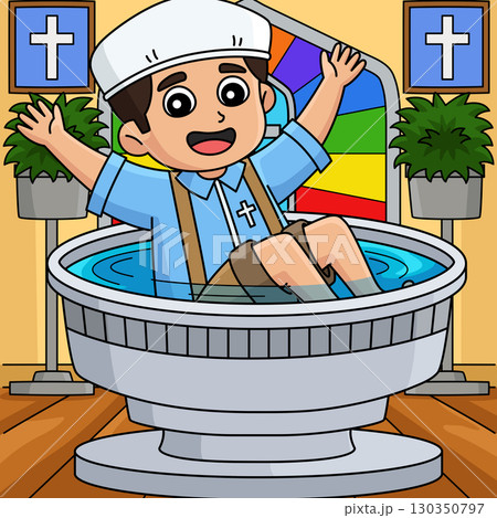 Baptism Baby Boy on Baptismal Font Colored Cartoon 130350797