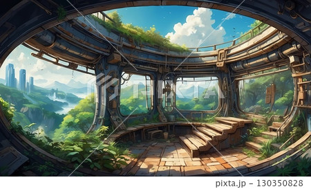 ゲーム背景　スチームパンク世界の滅びたドーム工場遺跡跡風景 130350828