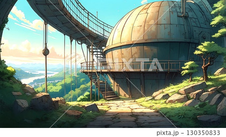 ゲーム背景　スチームパンク世界の滅びたドーム工場遺跡跡風景 130350833