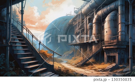 ゲーム背景　スチームパンク世界の滅びたドーム工場遺跡跡風景 130350835