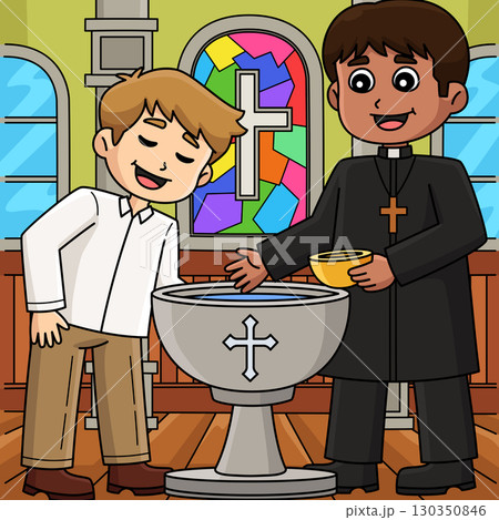 Baptism Boy and Priest Colored Cartoon  130350846
