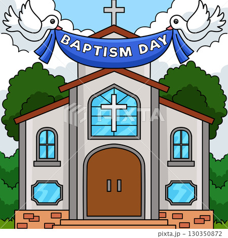 Baptism Day Church Colored Cartoon Illustration  130350872
