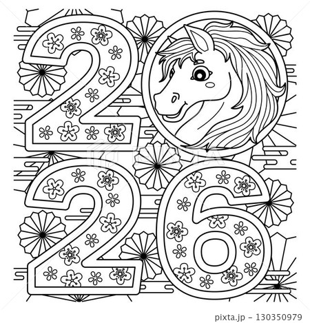 Year of the Horse 2026 Coloring Page for Kids 130350979