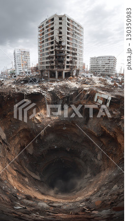 Giant sinkhole swallows building, causing destruction, chaos, and dramatic urban devastation Giant sinkhole swallows building, causing destruction, chaos, and dramatic urban devastation 130350983