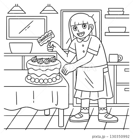 Baker Girl Putting on a Cake Topper Coloring Page  130350992