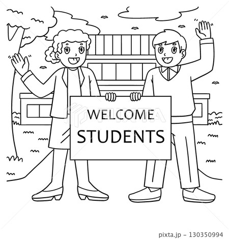 Teacher with a Welcome Sign Coloring Page for Kids Teacher with a Welcome Sign Coloring Page for Kids 130350994