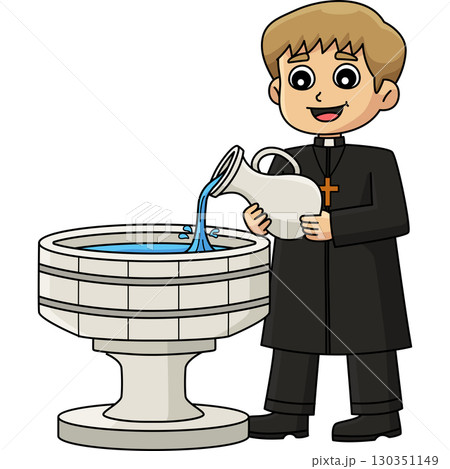 Baptism Priest Pouring Holy Water Cartoon Clipart  130351149