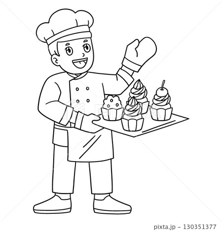 Male Baker with Cupcakes Isolated Coloring Page  130351377