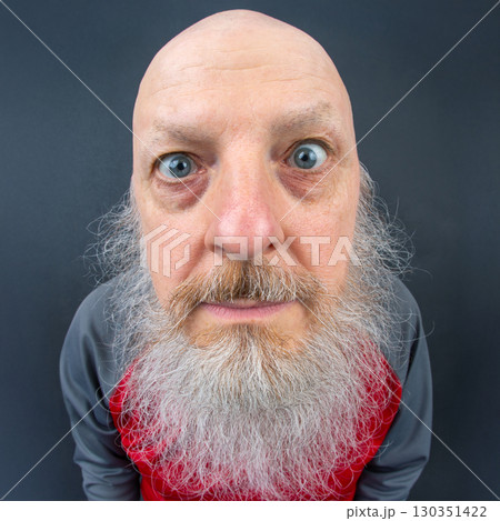 Man with prominent features and long beard stares directly with intense expression in studio Man with prominent features and long beard stares directly with intense expression in studio 130351422