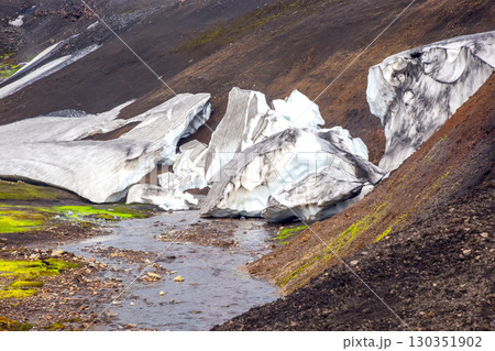 Spectacular glacier formations alongside a river in Iceland's rugged landscape 130351902