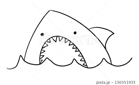 Cute shark line doodle comic character. Pencil hand drawn. Shark with fin waves. Ocean underwater animal. Simple mascot silhouette. 130351935