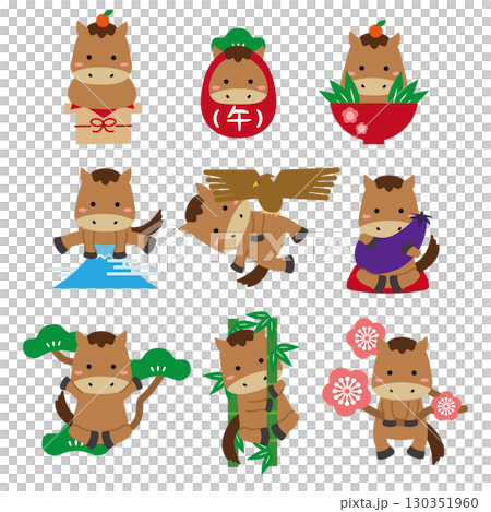 2026 New Year's card, New Year's card material, brown horse, kimono pair, and three lucky charms 2026 New Year's card, New Year's card material, brown horse, kimono pair, and three lucky charms 130351960