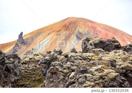 Explore the stunning colors of Iceland's volcanic landscape at a dramatic highland location 130352036