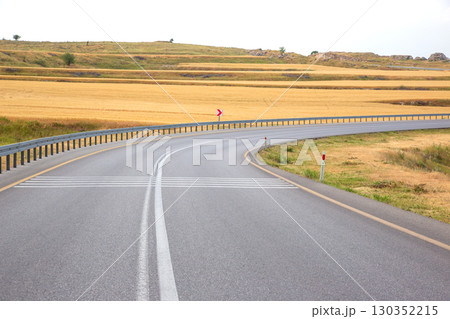 Curved road through golden fields in a rural landscape on a cloudy day 130352215