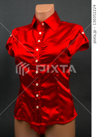 Elegant red satin blouse with short sleeves and button detailing Elegant red satin blouse with short sleeves and button detailing 130352224