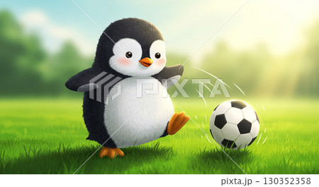 サッカーボールを蹴ってる可愛いペンギン 130352358