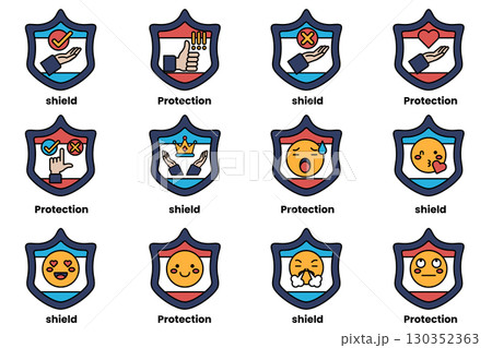 A set of shields with different expressions on them 130352363