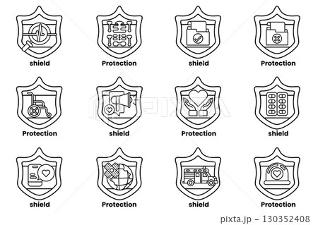A set of 12 shields with the word protection written on them A set of 12 shields with the word protection written on them 130352408