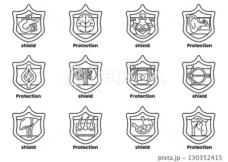 A set of 12 shields with the word protection written on them 130352415