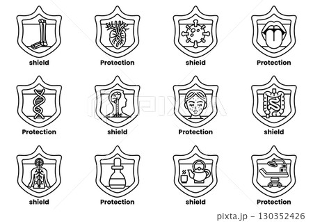 A set of 12 shields with the word protection written on them 130352426