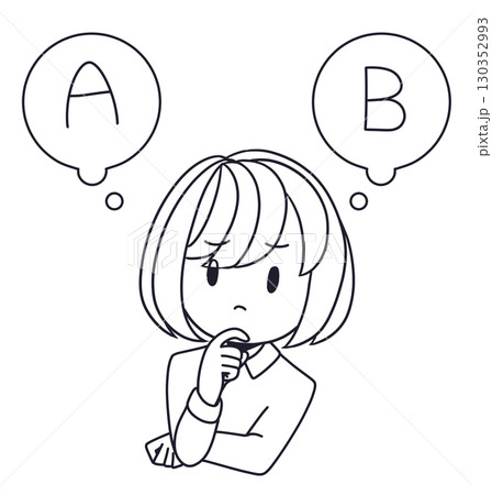 真剣に比較して考える女性の線画イラスト 130352993